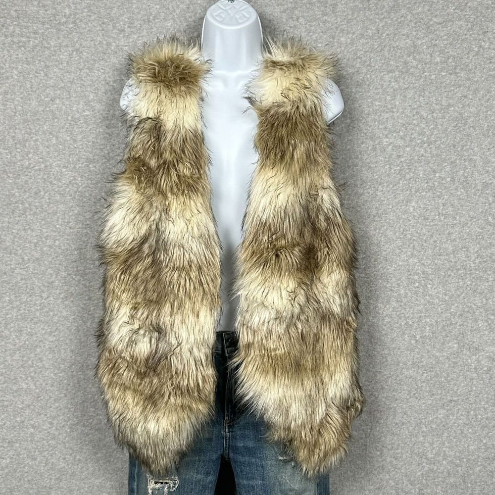 Womens Vegan Faux Fur Open Vest Small Skies Are Blue Boho Festival 70s Mob Wife